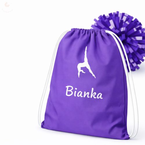 Pompom táska (pompom hátizsák, táncos táska) egyedi névvel, logóval (lila)