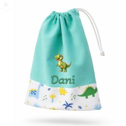   Mentazöld, kék-zöld-sárga dínós, kisfiú tornazsák egyedi névvel és jellel