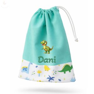 Mentazöld, kék-zöld-sárga dínós, kisfiú tornazsák egyedi névvel és jellel