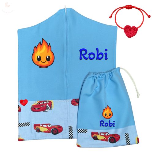 Versenyautós ovis zsák szett egyedi névvel és jellel + ajándék szeretetküldővel