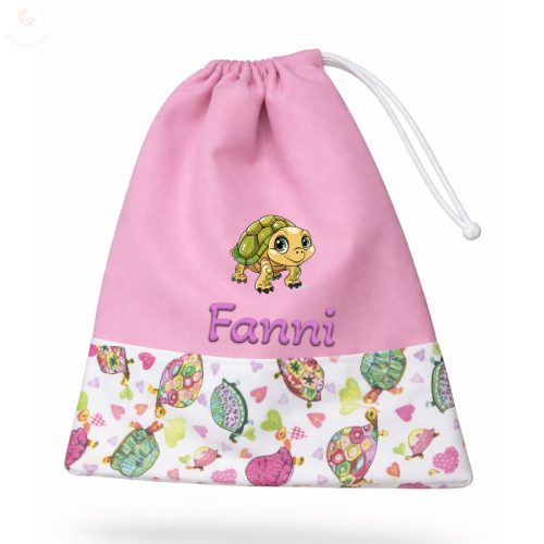 Rózsaszín, teknőcös kislány tornazsák egyedi névvel és jellel