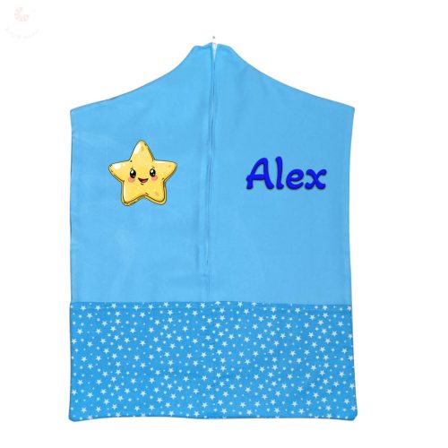 Kék, csillagos ovis zsák kisfiúnak egyedi névvel és jellel