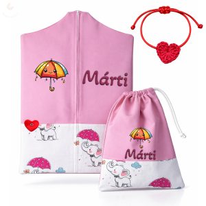 Esernyős elefántos, rózsaszín ovis zsák & tornazsák szett egyedi névvel és jellel + ajándék szeretetküldővel