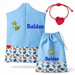 Dínós, kék ovis zsák & tornazsák szett egyedi névvel és jellel + ajándék szeretetküldővel