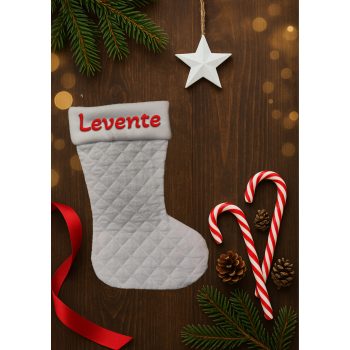   Egyedi, NÉVRE SZÓLÓ textil mikuláscsizma (bármilyen névvel vagy felirattal), steppelt fehér