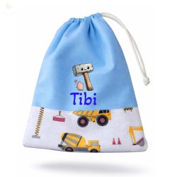   Kék alapon sárga munkagépes kisfiú tornazsák egyedi névvel és jellel