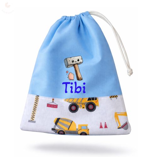 Kék alapon sárga munkagépes kisfiú tornazsák egyedi névvel és jellel