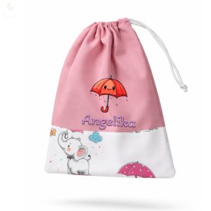 Rózsaszín, esernyős elefántos kislány tornazsák egyedi névvel és jellel