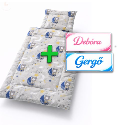 Saját névvel is kérhető, szürke macis-holdas gyerekágynemű szett (takaró + párna)