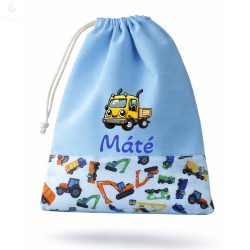   Kék, munkagépes kisfiú tornazsák egyedi névvel és jellel