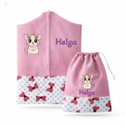   Ovis zsák és tornazsák egyedi névvel és jellel (rózsaszín + piros-pöttyös masnis), ajándék szeretetküldővel
