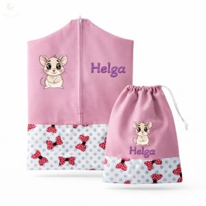 Ovis zsák és tornazsák egyedi névvel és jellel (rózsaszín + piros-pöttyös masnis), ajándék szeretetküldővel