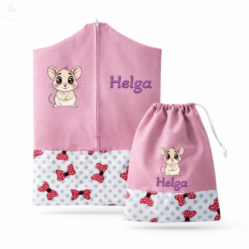 Ovis zsák és tornazsák egyedi névvel és jellel (rózsaszín + piros-pöttyös masnis), ajándék szeretetküldővel