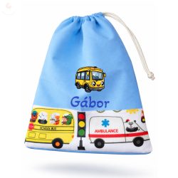   Kék, utazó állatos kisfiú tornazsák egyedi névvel és jellel