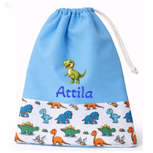 Kék, dínós kisfiú tornazsák egyedi névvel és jellel