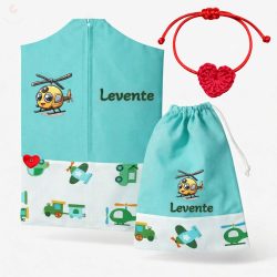   Repülős-vonatos-autós ovis zsák szett egyedi névvel és jellel + ajándék szeretetküldővel (mentazöld) 