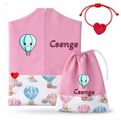 Hőlégballonos, rózsaszín ovis zsák & tornazsák szett egyedi névvel és jellel + ajándék szeretetküldővel