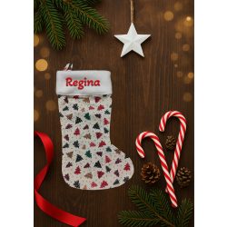 Egyedi, NÉVRE SZÓLÓ textil mikuláscsizma (bármilyen névvel vagy felirattal), drapp alapon színes fenyőfás