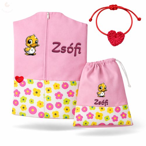 Vidám virágos, rózsaszín ovis zsák & tornazsák szett egyedi névvel és jellel + ajándék szeretetküldővel