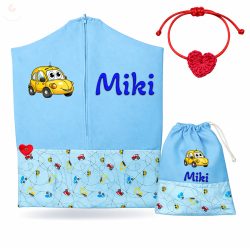   Kanyargó autós-járműves, kék ovis zsák & tornazsák szett egyedi névvel és jellel + ajándék szeretetküldővel