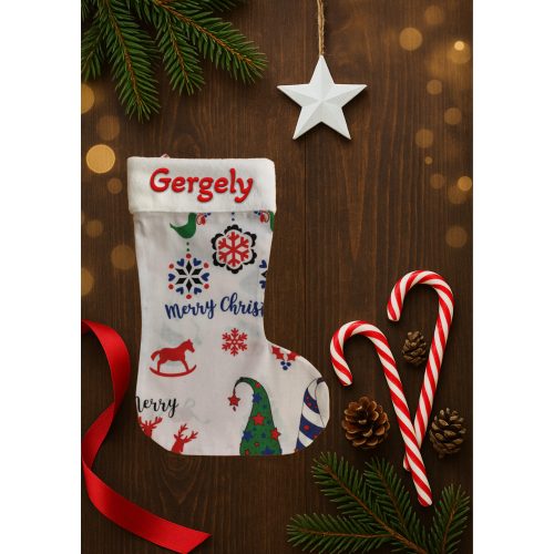 Egyedi, NÉVRE SZÓLÓ textil mikuláscsizma (bármilyen névvel vagy felirattal), fehér alapon színes karácsonyi mintás