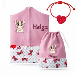  Piros-pöttyös masnis, rózsaszín ovis zsák & tornazsák szett egyedi névvel és jellel + ajándék szeretetküldővel