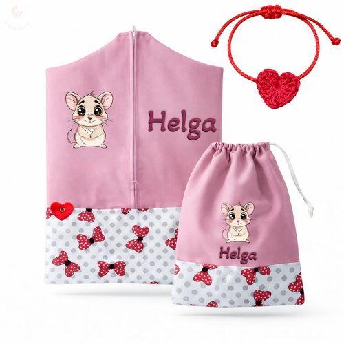 Piros-pöttyös masnis, rózsaszín ovis zsák & tornazsák szett egyedi névvel és jellel + ajándék szeretetküldővel