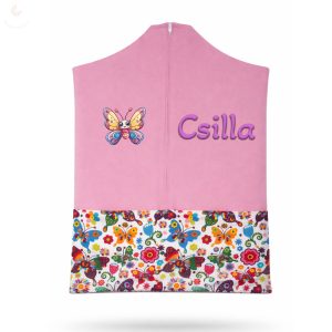 Rózsaszín, lepkés-virágos ovis zsák kislánynak egyedi névvel és jellel