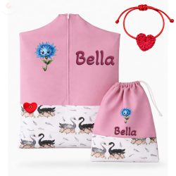   Rózsás-hattyús, rózsaszín ovis zsák & tornazsák szett egyedi névvel és jellel + ajándék szeretetküldővel