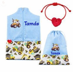   Kék alapon sárga dömperes-betonkeverős ovis zsák & tornazsák szett egyedi névvel és jellel + ajándék szeretetküldővel