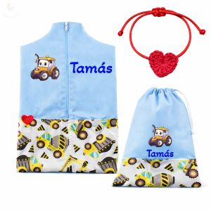Kék alapon sárga dömperes-betonkeverős ovis zsák & tornazsák szett egyedi névvel és jellel + ajándék szeretetküldővel