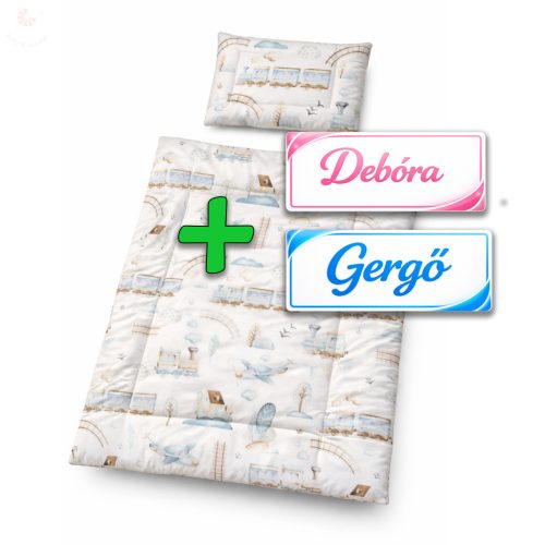 Saját névvel is kérhető, fehér alapon vonatos-repülős gyerekágynemű szett (takaró + párna)