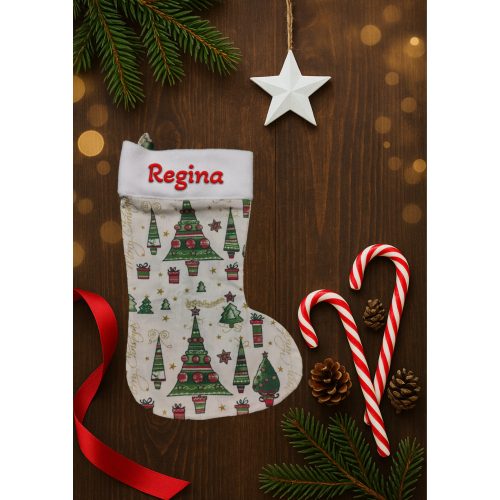 Egyedi, NÉVRE SZÓLÓ textil mikuláscsizma (bármilyen névvel vagy felirattal), drapp alapon zöld karácsonyfás