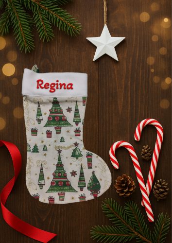 Egyedi, NÉVRE SZÓLÓ textil mikuláscsizma (bármilyen névvel vagy felirattal), drapp alapon zöld karácsonyfás