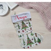 Egyedi, NÉVRE SZÓLÓ textil mikuláscsizma (bármilyen névvel vagy felirattal), drapp alapon zöld karácsonyfás