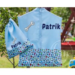   Ovis zsák és torna zsák bármilyen névvel és jellel,  neves oviszsák   /kék+apró munkagépes/  AJÁNDÉK SZERETETKÜLDŐVEL