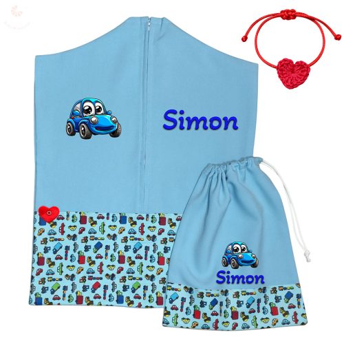 Kisautós, kék ovis zsák szett egyedi névvel és jellel + ajándék szeretetküldővel