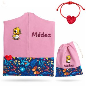 Mélykék alapon lepkés-virágos, rózsaszín ovis zsák & tornazsák szett egyedi névvel és jellel + ajándék szeretetküldővel