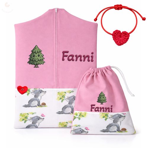 Kisfarkasos, rózsaszín ovis zsák & tornazsák szett egyedi névvel és jellel + ajándék szeretetküldővel
