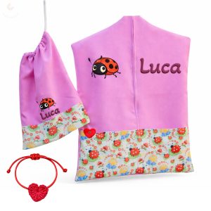 Zöld alapon katicás ovis zsák & tornazsák szett egyedi névvel és jellel + ajándék szeretetküldővel