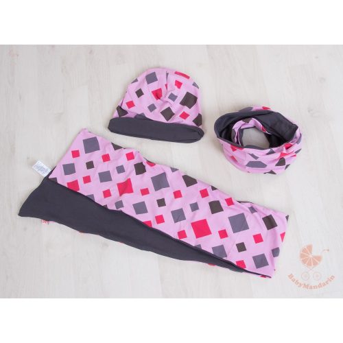 Pamut sapka és sál szett (Rózsaszín rombuszos)