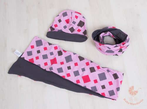 Pamut sapka és sál szett (Rózsaszín rombuszos)