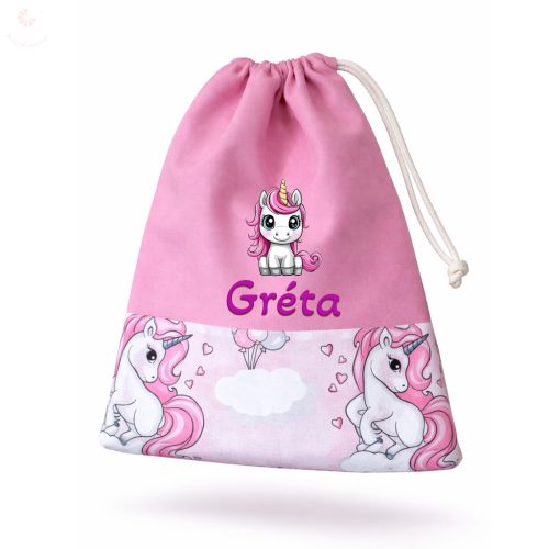 Rózsaszín sörényű unikornisos, kislány tornazsák egyedi névvel és jellel