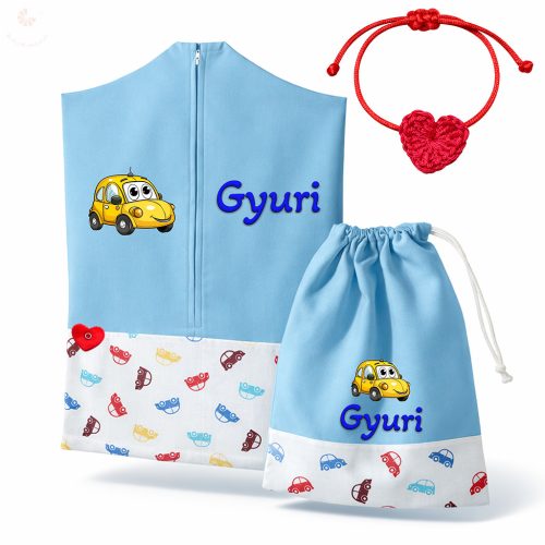 Retró kisautós ovis zsák szett egyedi névvel és jellel + ajándék szeretetküldővel