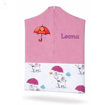   Rózsaszín, esernyős elefántos ovis zsák kislánynak egyedi névvel és jellel