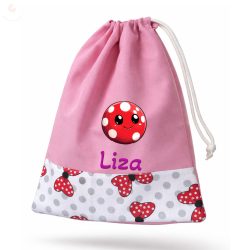   Rózsaszín alapon piros-pöttyös masnis, kislány tornazsák egyedi névvel és jellel