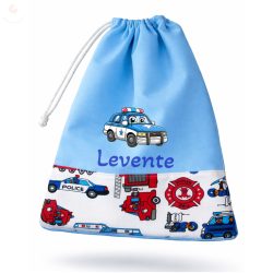   Kék, tűzoltós-rendőrös kisfiú tornazsák egyedi névvel és jellel
