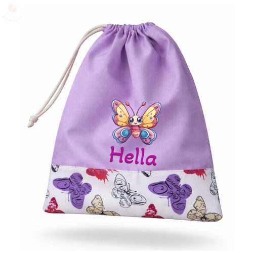 Lila, lepkés kislány tornazsák egyedi névvel és jellel