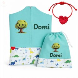   Színes dínós ovis zsák szett egyedi névvel és jellel + ajándék szeretetküldővel (mentazöld)