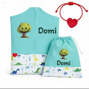 Színes dínós ovis zsák szett egyedi névvel és jellel + ajándék szeretetküldővel (mentazöld)